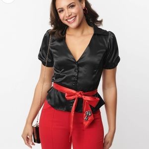 Unique Vintage Black & Red Lock & Key Sashed Blouse